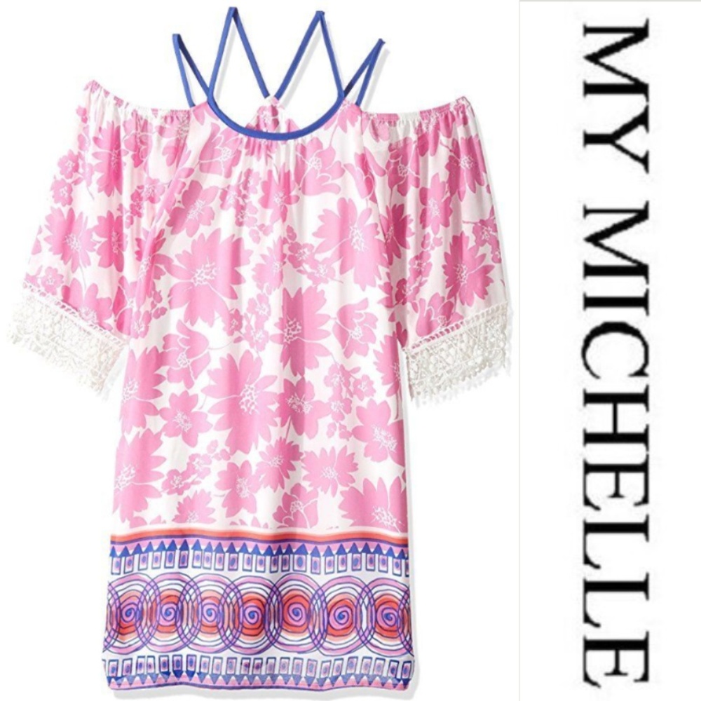 My Michelle Girls Floral Cold Shoulder Shift Dress Size 10 16 Pink Lace‎ Trim